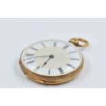 18ct Yellow gold open faced fob watch, the case with engraved decoration and enamel dial with