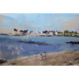 L. Richmond signed gouache painting, coastal inlet with bathers on a beach, 9ins x 14ins