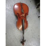 Late 19th / early 20th Century cello with 29.5in two section back, with bow, in a soft case