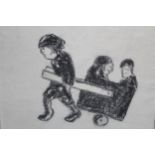 After L. S. Lowry, charcoal drawing, study of a boy pulling a cart with two children, housed in a