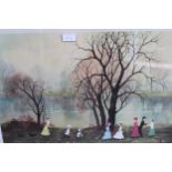 Helen Bradley, signed coloured print, figures in a parkland scene, blind stamp, together with a