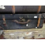 19th Century black canvas and leather trim mounted suitcase, bearing initials E.E.G.R. with brass