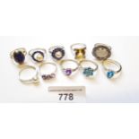 Group of ten various silver and gem set dress rings