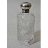 Etched glass and Birmingham silver mounted perfume bottle with floral decoration and hinged cover,