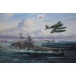 Simon Atack, signed Limited Edition colour print ' Battleship Bismarck ', No. 129 of 500, also