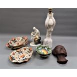 Three 19th Century Derby Imari pattern dessert dishes, Continental pottery figural table lamp,