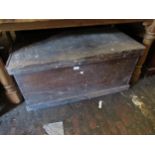 19th Century stained pine tall trunk, having hinged cover (at fault) 19ins high x 40ins wide x 22ins