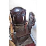 Pair of 19th Century mahogany shaped and carved shield back hall chairs (at fault)