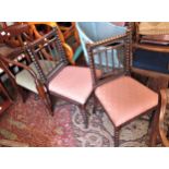 Pair of 19th Century side chairs with overstuffed seats and bobbin turned backs, supports and