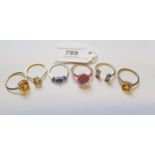 Group of six 9ct gold and gem set dress rings