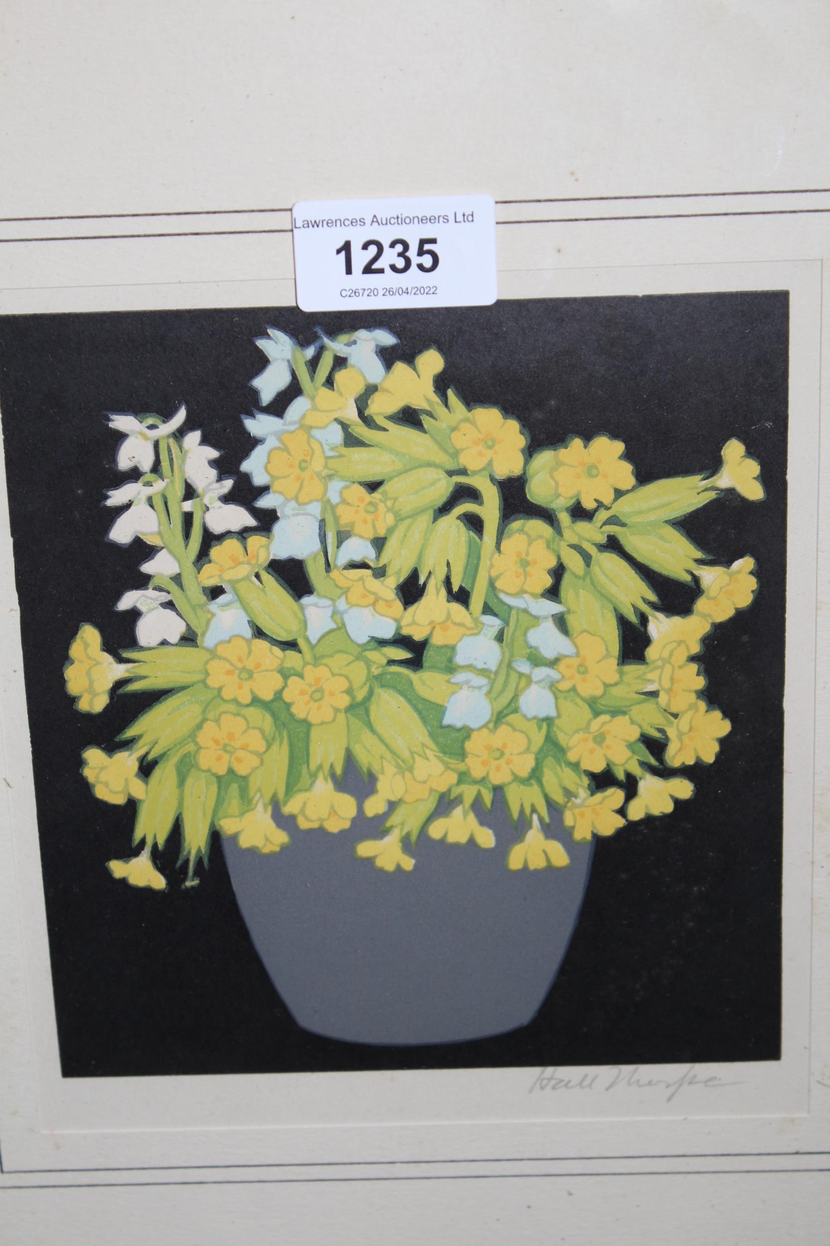 John Hall Thorpe, two woodcut prints in colours, flowers in blue pots on black ground, both signed