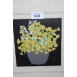 John Hall Thorpe, two woodcut prints in colours, flowers in blue pots on black ground, both signed