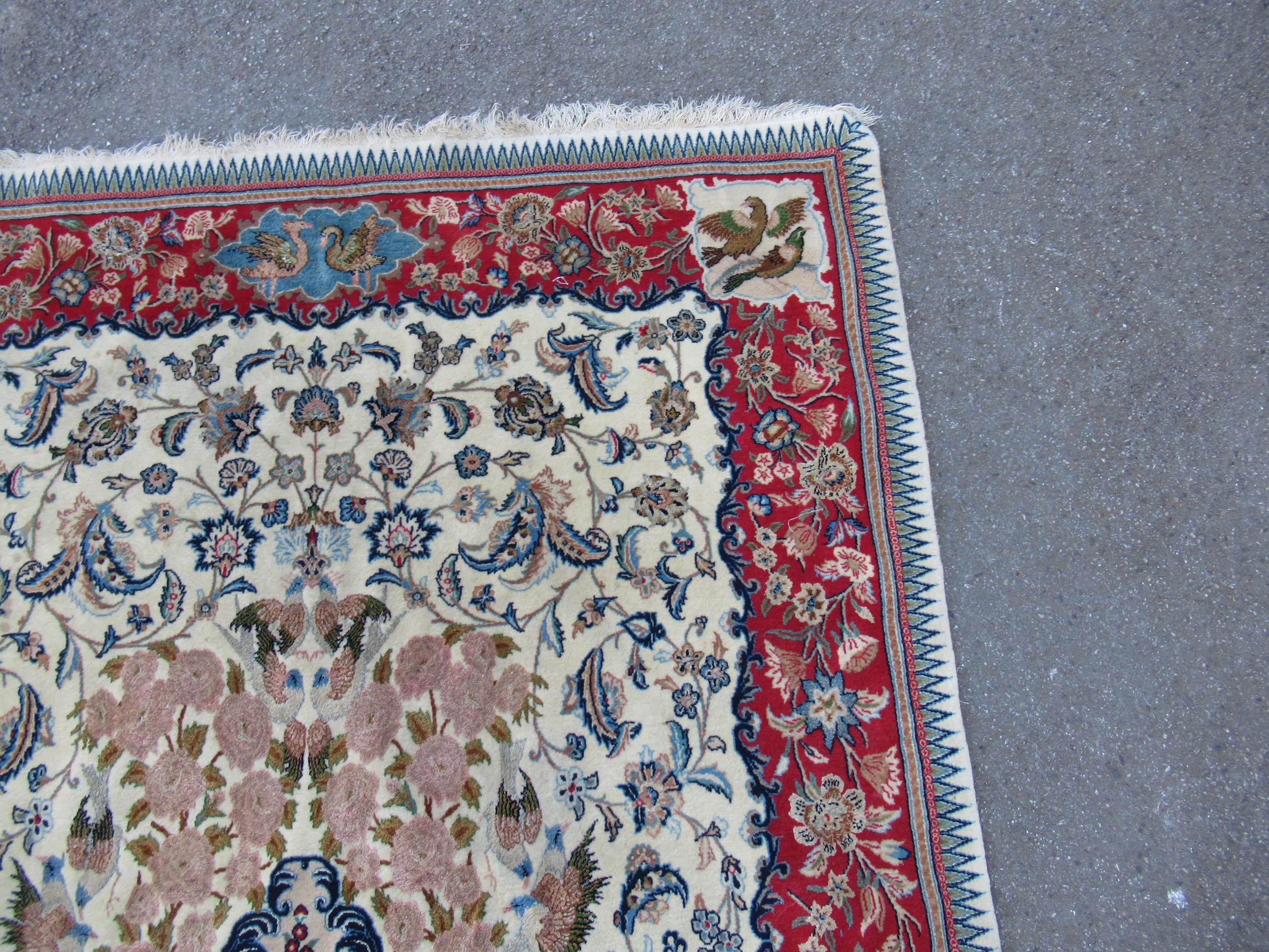 Isfahan part silk rug with a medallion, pictorial and all-over floral design on an ivory ground with - Image 10 of 13