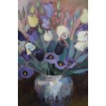 Judith Davis, acrylic on paper, still life of flowers in a pottery vase, signed, 20ins x 13ins