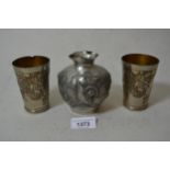 Pewter Art Nouveau floral decorated silver plated baluster form vase, signed Cortell and two