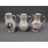 Group of three 19th Century Paris Porcelain tea pots with gilded decoration on white ground and