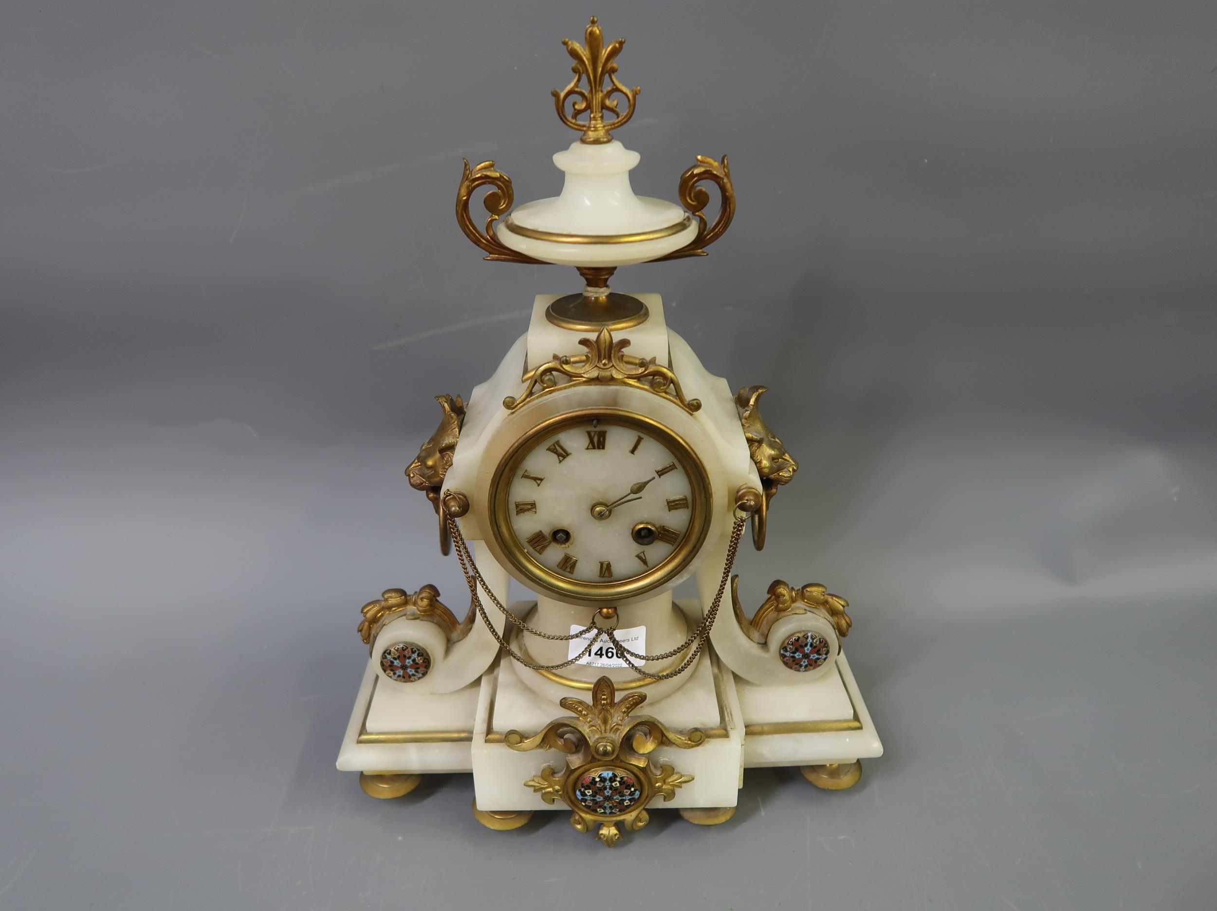 19th Century French alabaster and gilt metal mounted two train mantel clock, 15.5ins high