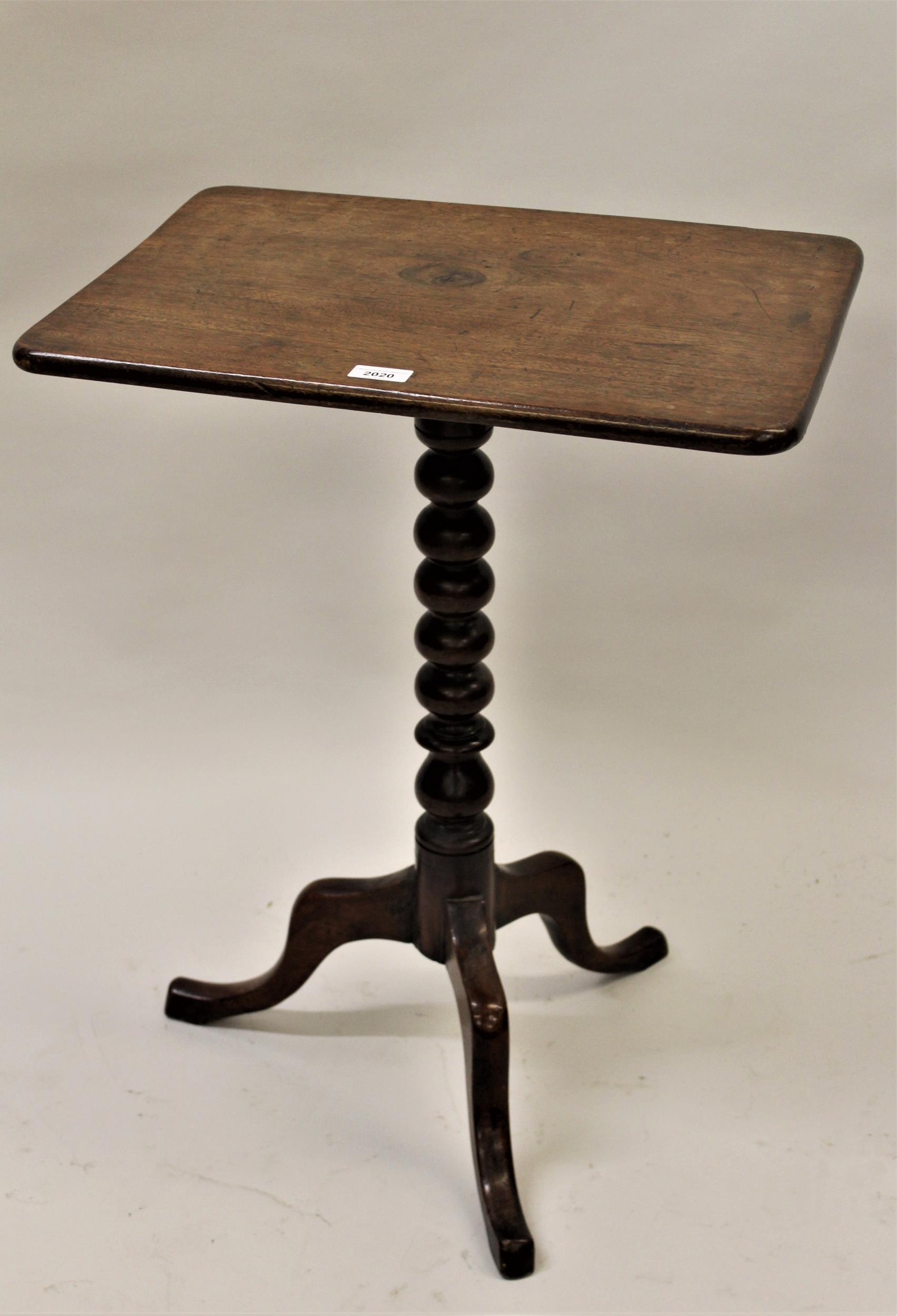 Small 19th Century mahogany rectangular pedestal table, the tilt top above a bobbin turned support