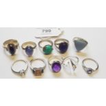 Group of ten various silver dress rings set gem and semi precious stones