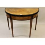 George III satinwood crossbanded and line inlaid D-shaped fold-over card table, the figured top