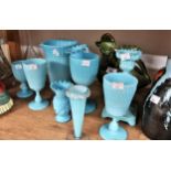 Collection of late 19th / early 20th Century sky blue glass jugs, goblets, a candlestick and a large