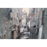 Pam Masco, oil on canvas, misty canal scene, Venice, signed, 27.5ins x 31.5ins, framed