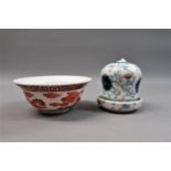 Small Chinese bowl decorated with dragons in iron red, six character mark to base, 4.75ins diameter,