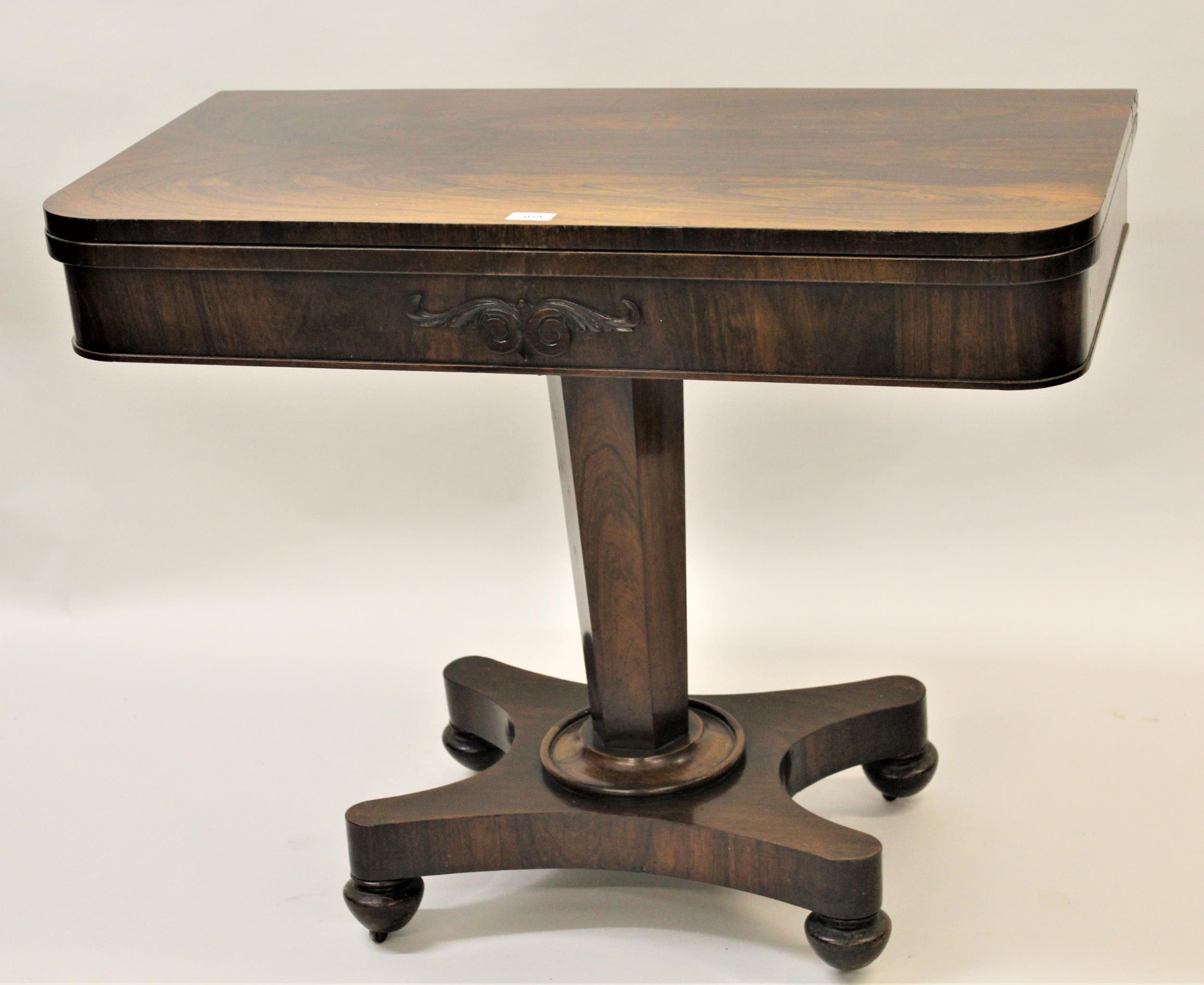 Good quality 19th Century rectangular rosewood fold-over card table on hexagonal tapering column and