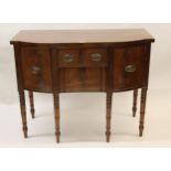 Small George III mahogany semi bow front sideboard with two central drawers flanked by two deep