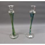 Pair of contemporary Jane Charles blown glass tall candlesticks, 13.5ins high