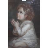 19th Century French pastel portrait of a kneeling child in a white gown, 25ins x 20.5ins , gilt