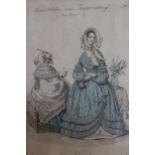 Framed set of seven Continental hand coloured fashion engravings