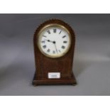 Edwardian mahogany and chequer line inlaid dome shaped mantel clock, the enamel dial with Roman