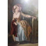 Large Baxter print of a young lady beside a gate, 24ins x 18ins together with three other various