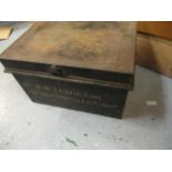 Metal black japanned safety deposit box with key, inscribed R.W. Leage Esq.