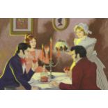 Archie Gluckli Dickens, unsigned gouache, figures raising a toast around a dining table at