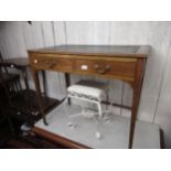 Edwardian mahogany crossbanded writing desk with green rexine inset top above two draws with brass