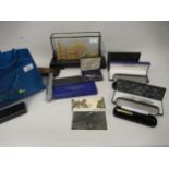 Collection of various modern pens and calligraphy items, small quantity of military buttons, cased