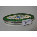 Oval Birmingham silver trinket box, the hinged cover with floral enamel decoration, 5ins wide