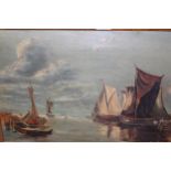 Oil on canvas, shipping scene, 14ins x 24ins, gilt framed, an oil on canvas, river scene with a