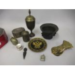 Heavy bronze mortar, lacking pestle, various brass boxes, letter holder in the form of a hand etc.