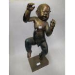 20th Century patinated bronze figure of a crying baby on a rectangular plinth base, 24ins high