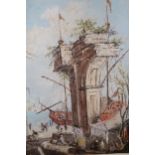 In the manner of Francesco Guardi, an antique gouache painting, Capriccio of a Venetian port, 9.5ins