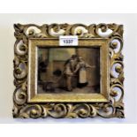 Small early 20th Century cristoleum picture, 17th Century interior scene, 4.25ins x 5.75ins, in an