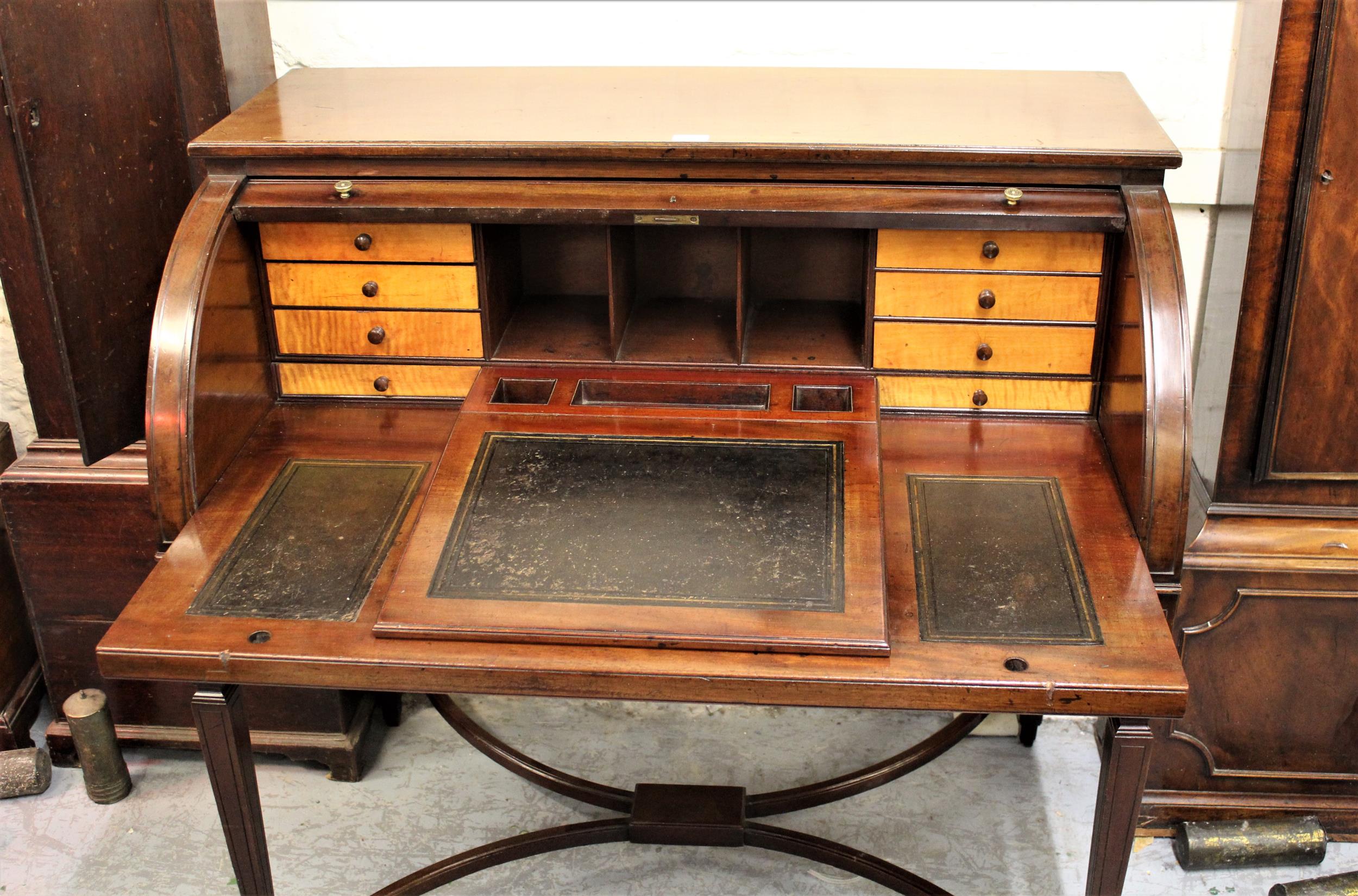 19th Century mahogany tambour desk opening to reveal a fitted interior with pull-out writing surface - Image 2 of 2