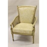 Regency style cream painted and gilded Bergere armchair on turned front supports