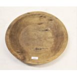 Handhewn circular shallow fruit bowl carved from the solid, 15ins diameter