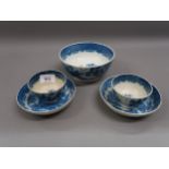 18th Century English blue and white slops bowl together with two similar tea bowls with saucers