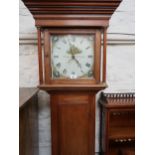 Mahogany longcase clock, the square hood with flanking pilasters above a rectangular door, the