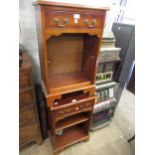 Pair of reproduction yew wood bedside cabinets, each with a single drawer above open shelves